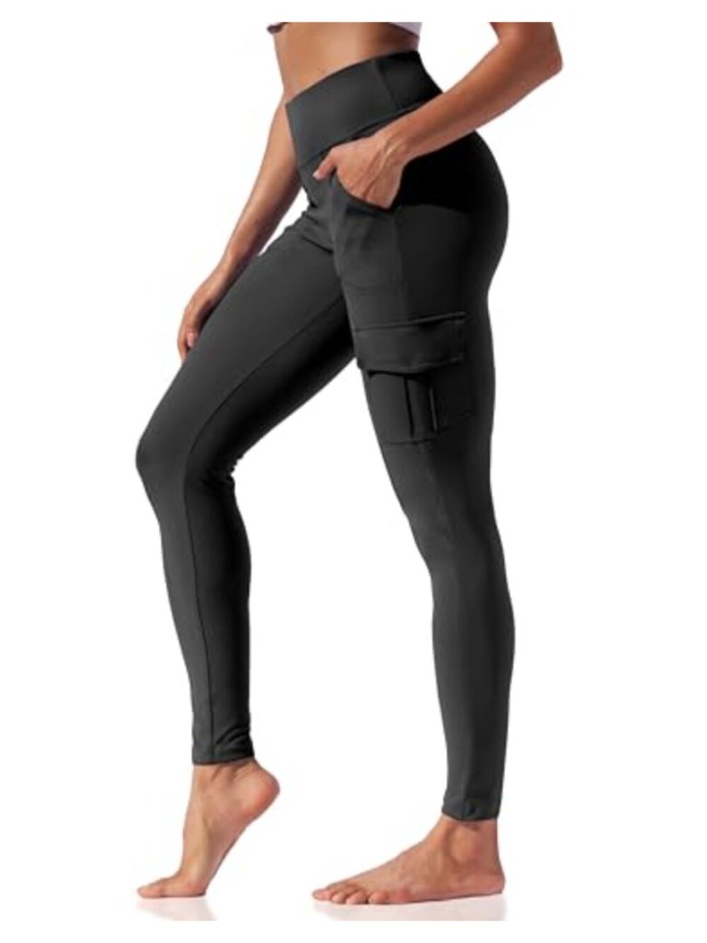 High Waisted Workout Leggings with Cargo Pockets 28'' Yoga Pants Tummy Control